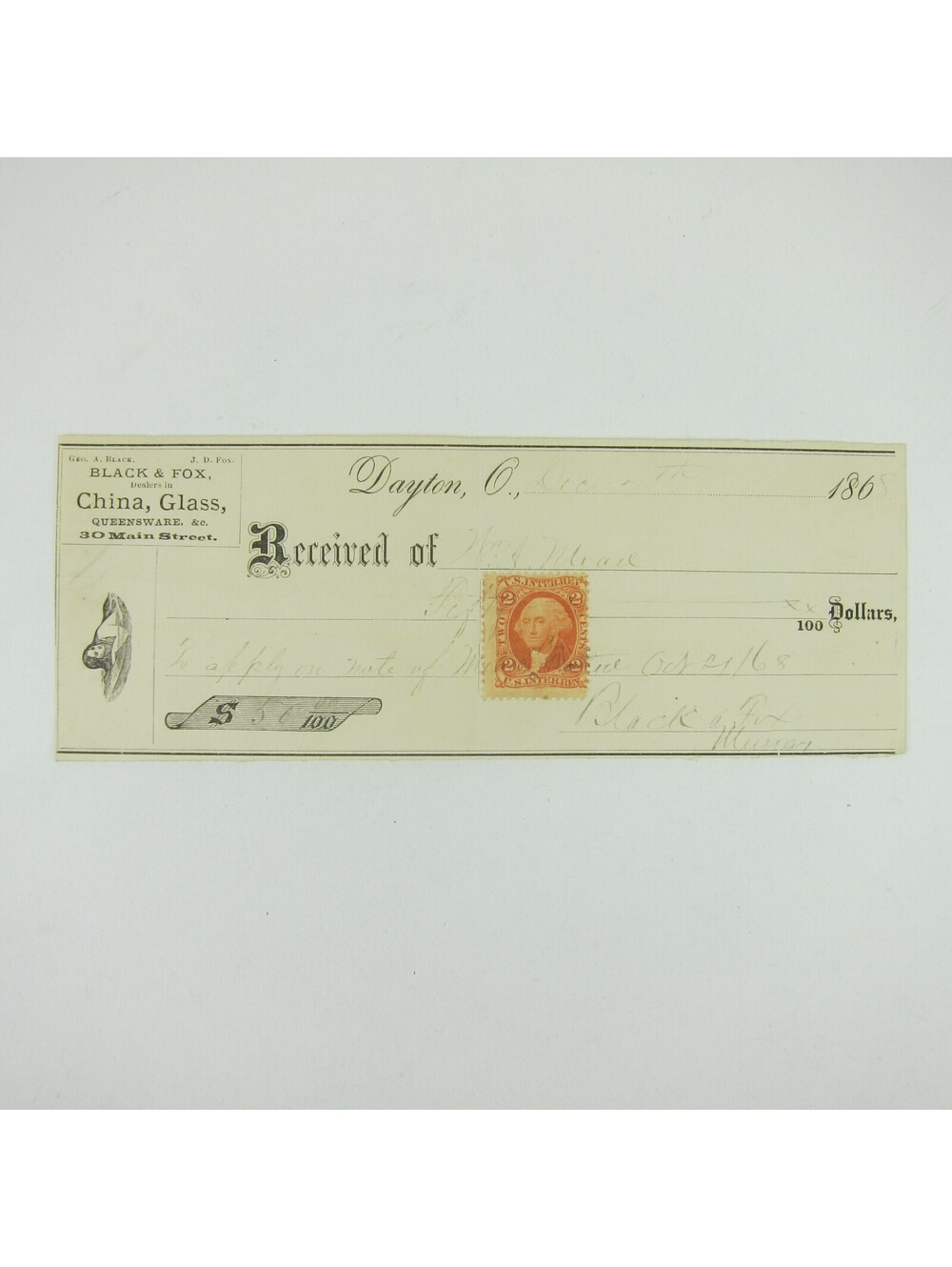 1868 Promissory Note & Two Cent Revenue Stamp Black & Fox Dayton Ohio Antique